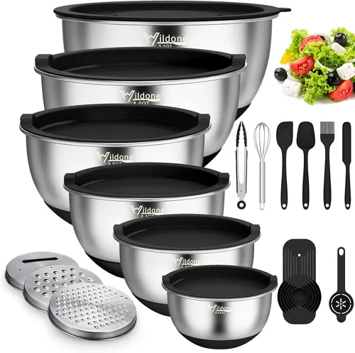 Wildone Cuencos para mezclar con tapas herméticas, 22 piezas cuencos de acero inoxidable anidables, con 3 accesorios para rallar, marcas de escala y