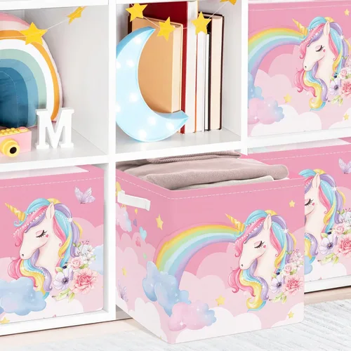 Miniatura 5 de Clastyle Juego de cestas de almacenamiento plegables de unicornio rosa para niños, organizador de ropa, cuarto de bebé, juguetes para niñas, estante
