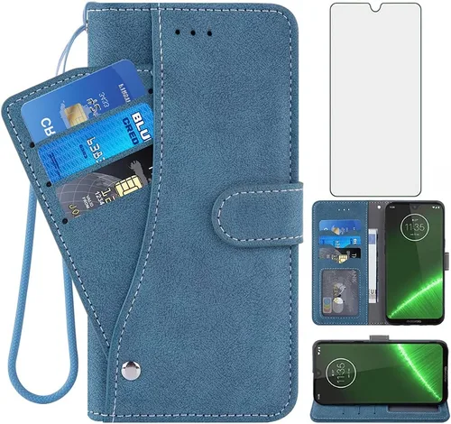 Funda tipo cartera compatible con Moto G7/G7+/Revvlry Plus y protector de pantalla de vidrio templado, soporte para tarjeta de crédito, funda para