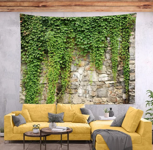 Miniatura 4 de BELECO Tapiz de pared de piedra con hojas para colgar en la pared, 176 x 118 pulgadas, jardín de primavera, pared de piedra vieja, tapiz de hojas