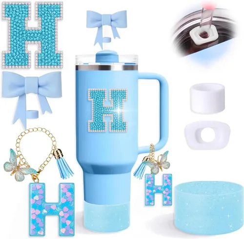 Miniatura 14 de Juego de 6 accesorios de copa Stanley color azul, adorno de pajilla con lazo para copa Stanley de 30 onzas, 40 onzas, incluye adorno de popote