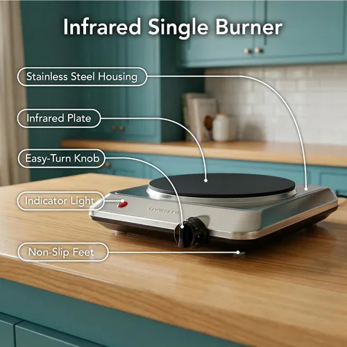 Miniatura 3 de OVENTE Quemador individual infrarrojo para encimera, placa eléctrica de 1000 W con placa de cocina de vidrio cerámico de 7.5 pulgadas, ajuste