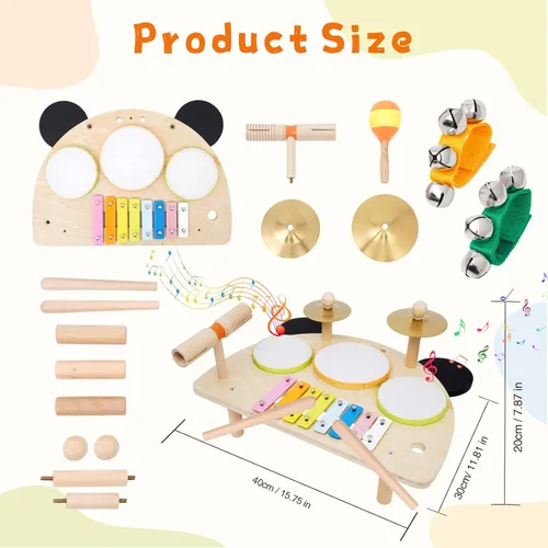 Miniatura 6 de Juego de batería para niños, instrumentos musicales Montessori para niños pequeños de 1 a 6 años, juguetes de madera, mesa de música Montessori, kit