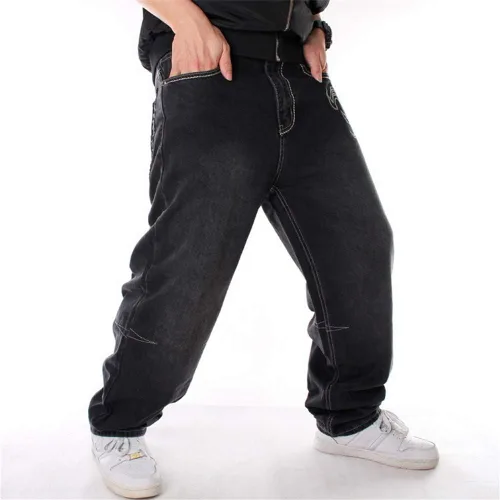 Miniatura 4 de LUOBANIU Pantalones de mezclilla holgados estilo hip hop vintage para hombre, pantalones de patineta de baile