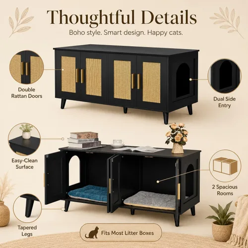 Miniatura 6 de Homhedy Caja de arena bohemia para gatos para 2 gatos, muebles de madera para baño de gatos con puertas decoradas de ratán doble, casa de mascotas