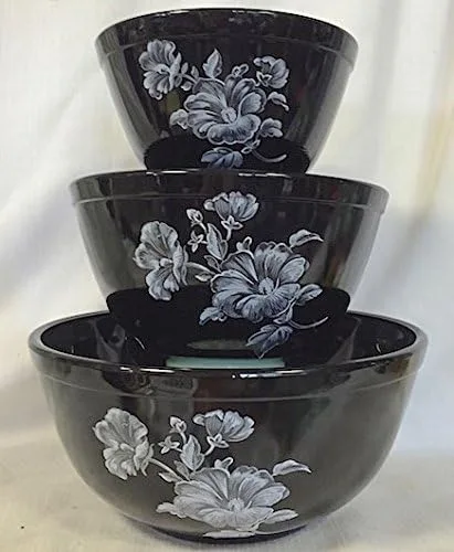 Juego de 3 cuencos mezcladores para anidar, exclusivo de Rosso, con calcomanía negra, fabricado en Estados Unidos, Mosser Glass USA (blanco floral)