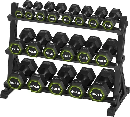 Miniatura 12 de HANDBODE Juego de mancuernas hexagonales con estante, 290-670 lb juego de mancuernas de ejercicio y fitness con revestimiento de goma, peso de mano