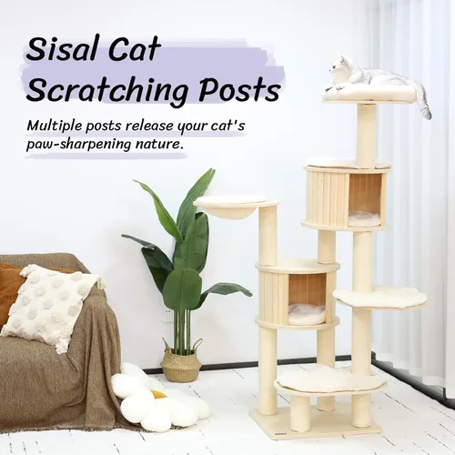 Miniatura 4 de KAMABOKO Árbol para gatos de 67 pulgadas de alto, árbol extragrande para gatos, torre masticable de madera de 8 niveles con condominio para gatos