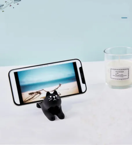 Miniatura 2 de Soporte para teléfono inteligente con diseño de gato negro para escritorio, lindo soporte de teléfono kawaii para libros, adornos de escritorio