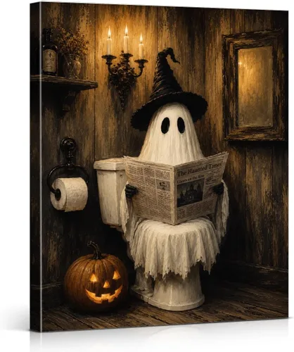Miniatura 33 de QPVXSST Arte de Pared Interesante de Fantasma de Halloween para Baño, Póster Impreso en Lienzo de Estilo Gótico, Decoración de Baño con Diseño
