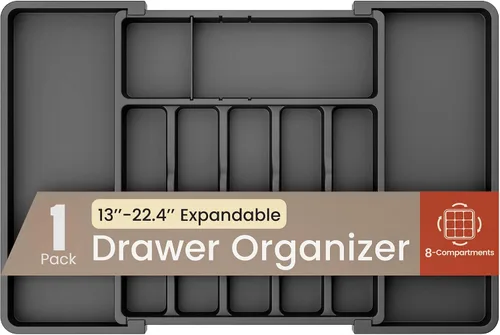 Miniatura 8 de Organizador de cajones de utensilios expandible negro, 1 paquete, ajustable de 13 a 22.4 pulgadas, organizador de cubiertos de 5 compartimentos