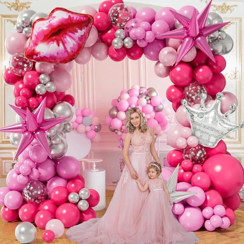 Miniatura 5 de Kit de guirnalda de globos rosa y plateado de princesa de 173 piezas con estrella en explosión, globo de corona plateada para decoración de fiesta