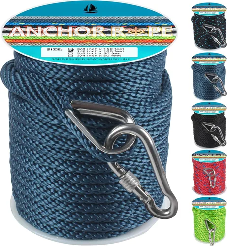 Miniatura 44 de Cuerda de anclaje de 3/8 de pulgada y 100 pies, cuerda de anclaje para barco, trenza sólida MFP, línea de anclaje con dedal de acero inoxidable 316