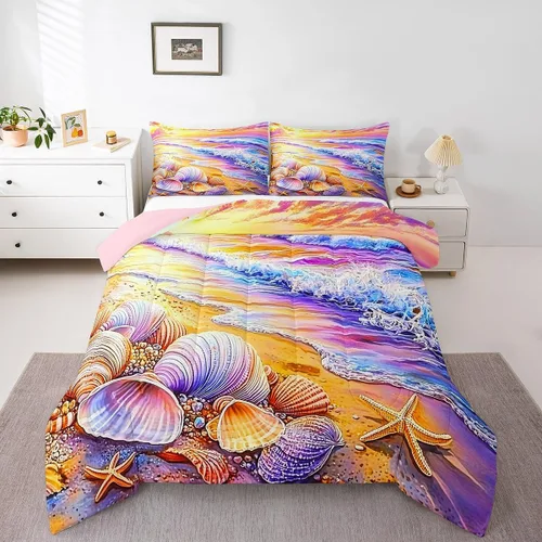 Miniatura 11 de Castle Fairy Juego de edredón de verano para niños, tamaño individual, diseño náutico reversible con diseño náutico de estrellas de mar, barco y Azul