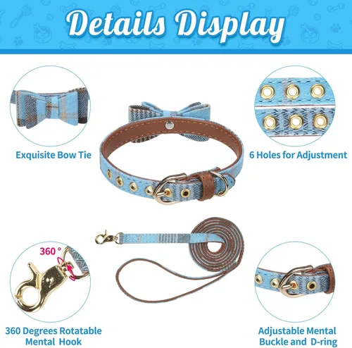 Miniatura 2 de BINGPET Juego de collar y correa para perros pequeños, collar y correa ajustable a cuadros para perros machos y hembras, bonito juego de collar Azul