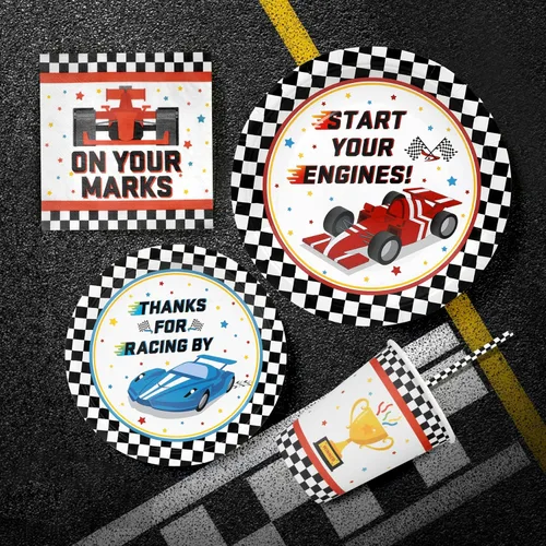 Miniatura 3 de Recheel Suministros para fiestas de coche de carreras, juego de platos y servilletas de papel con temática de carreras a cuadros para cumpleaños