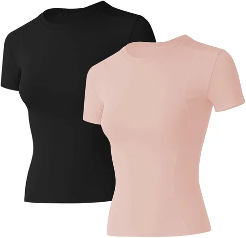 Loovoo Paquete de 2 camisas de entrenamiento para mujer, manga larga, manga corta, compresión atlética, ajuste seco, yoga, gimnasio