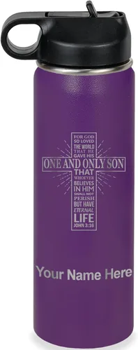 Miniatura 41 de LaserGram Botella de agua personalizada, versículo bíblico John 3-16, acero inoxidable de doble pared aislada al vacío con popote superior, regalo