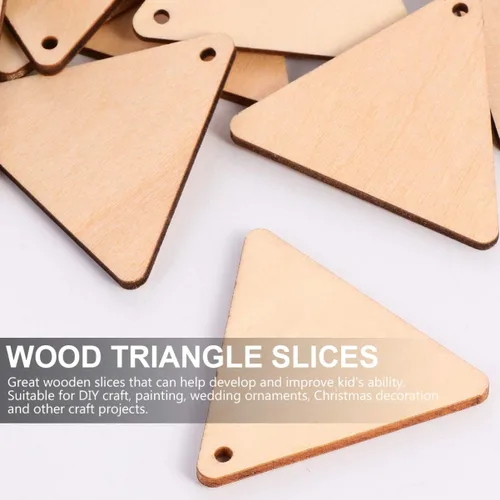 Miniatura 9 de 100 piezas de recortes de madera para manualidades, triángulo, madera, pintura inacabada, piezas de madera, rebanadas con agujero colgante, adornos