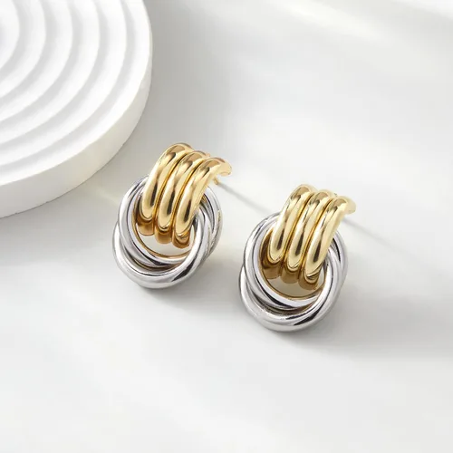 Miniatura 6 de Aretes gruesos de nudo dorado para mujer, aretes de eslabones largos con diseño geométrico de oro y plata