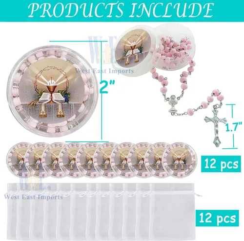 Miniatura 2 de Recuerdo de rosario perfumado para la Primera Comunión – 12 rosarios con caja de regalo individual y bolsa de organza., Acrílico, No es una piedra