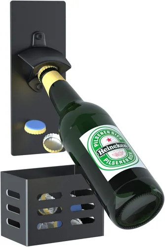 Weallbuy Abrebotellas magnético con receptor de tapas, accesorios de Man Cave para montar en la pared, abridor de botellas de cerveza extraíble para