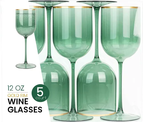 Miniatura 7 de Juego de 10 copas de vino de plástico con borde dorado, copas de vino elegantes copas de vino de plástico duro Champaign tazas en tallo de 12 onzas