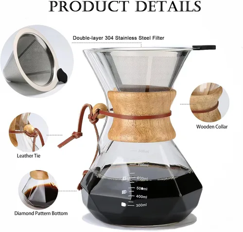 Miniatura 3 de Lalord Cafetera vertida con filtro de acero inoxidable reutilizable, jarra de café de vidrio borosilicato de 27 onzas, collar de madera, jarra