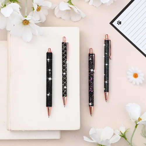 Miniatura 7 de Ireer 4 bolígrafos brillantes de diamantes de imitación para mujer, bolígrafo de tinta de metal con purpurina de cristal con 4 recambios de 0.039