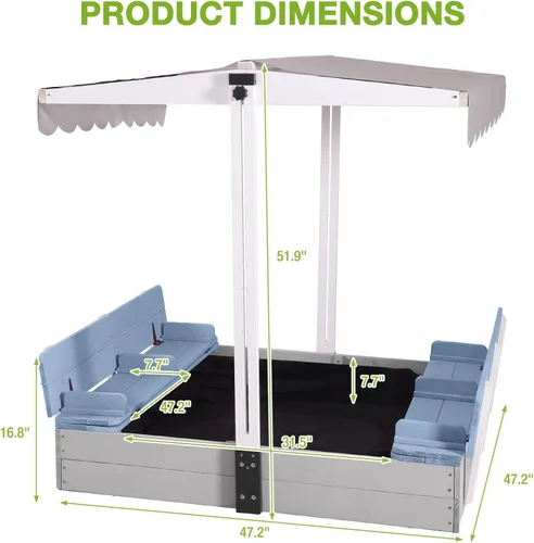 Miniatura 7 de GUTINNEEN Wooden Sandbox with 360° Adjustable Canopy, Outdoor Kids Sand Box with Foldable Benches, Sand Leak-Proof Liner, 47”Lx47”Wx52”H, Blue