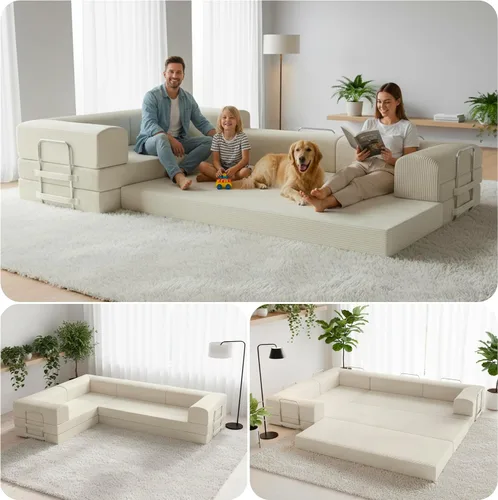 TUFT & FINCH Sofá comprimido en forma de L de alta calidad, cama y asientos de 3 plazas, sofás seccionales convertibles para sala de estar, oficina,