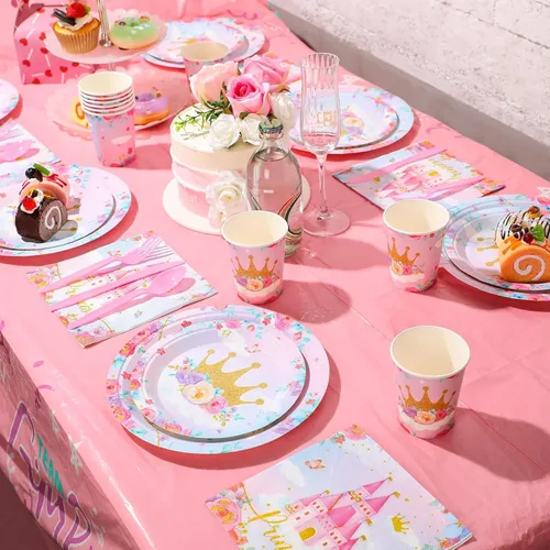 Miniatura 4 de Meanplan 168 piezas de decoración de fiesta de princesa, platos y servilletas de princesa, juego de vajilla desechable de castillo para niñas