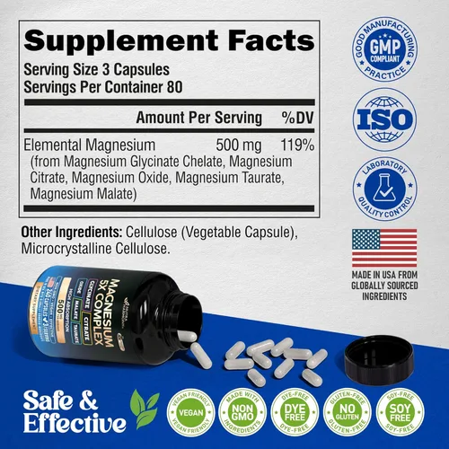 Miniatura 7 de Suplemento de magnesio - Complejo 5 en 1 de 500 mg Glicinato Citrato Malato Taurato Óxido - Fabricado en Estados Unidos - Soporte