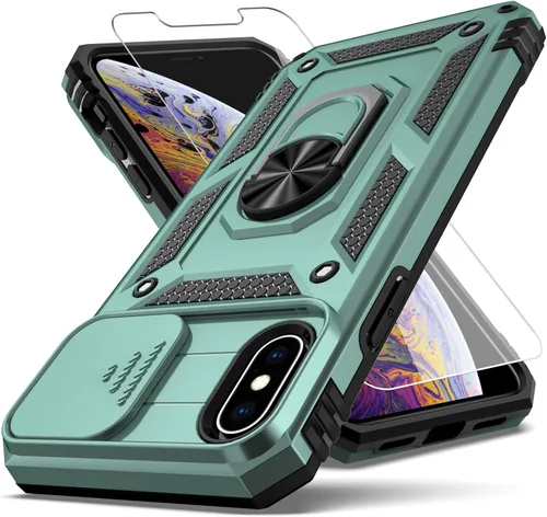 Miniatura 10 de Funda para iPhone X, iPhone Xs, cubierta de lente de cámara deslizante integrada+soporte de anillo de dedo+protector de pantalla, resistente a Negro