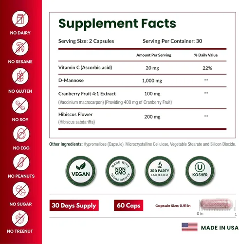 Miniatura 5 de Cápsulas de D-manosa de 1000 mg de ForestLeaf - D-Manosa con arándano rojo, hibisco y vitamina C, salud del tracto urinario para mujeres y hombres