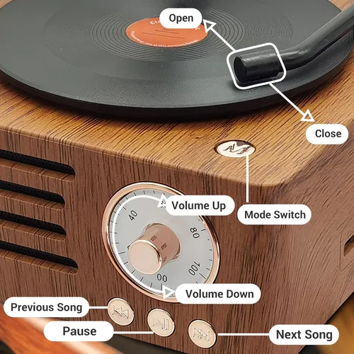 Miniatura 3 de Altavoz de tocadiscos vintage, tocadiscos portátil de grano de madera, altavoz Bluetooth con bocina de cobre, función de radio FM, diseño compacto