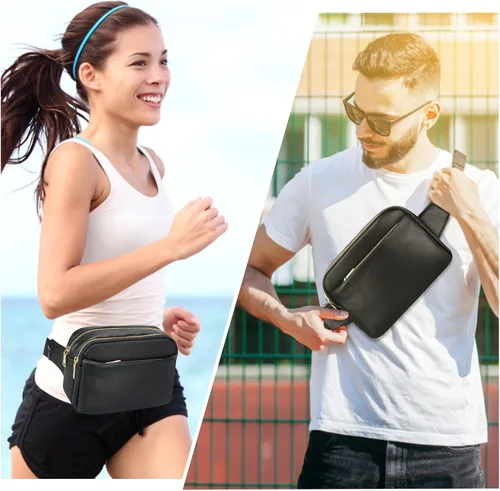 Miniatura 2 de Cangurera para hombres y mujeres, cangurera de cuero con estilo cruzado, bolsa pequeña de diseñador, Negro2, Riñonera de cuero para hombre y mujer