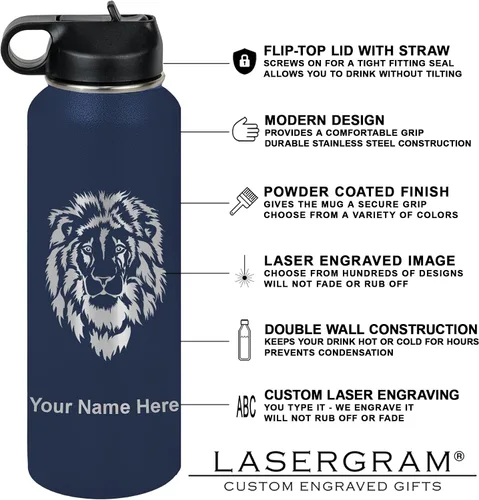 Miniatura 3 de LaserGram Botella de agua personalizada, animadora, acero inoxidable de doble pared aislada al vacío con popote superior, regalo grabado