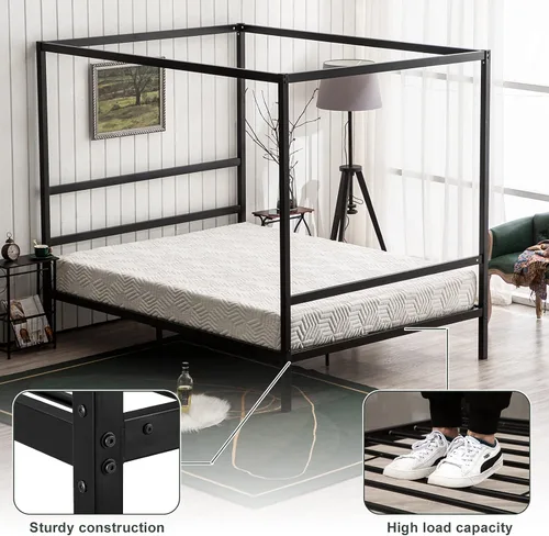 Miniatura 6 de Bonnlo Marco de cama con toldo negro tamaño matrimonial con cabecero, plataforma de metal de 10 pulgadas con 4 carteles, no necesita somier