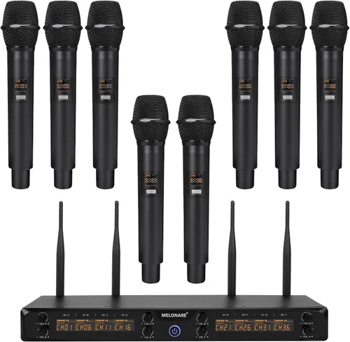 MELONARE Sistema de micrófono inalámbrico de 8 canales, juego de micrófono inalámbrico UHF de 500MHz con 8x5 frecuencias, rango de 240 pies,
