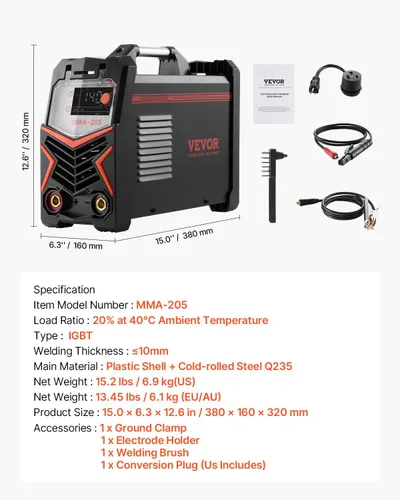 Miniatura 7 de VEVOR Soldador MMA, 205A 2 en 1 Soldador de varilla MMA Lift TIG, Soldador inversor IGBT de doble voltaje 110/220 V con pantalla digital, Fuerza