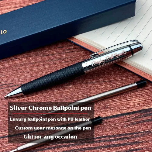 Miniatura 2 de Ancolo Bolígrafo cromado plateado grabado, impresionante bolígrafo de lujo con piel sintética, personaliza tu mensaje, nombre, juego de regalo