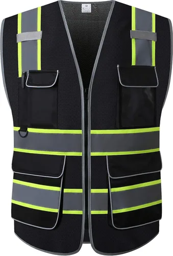 LOHASPRO Chaleco de seguridad de alta visibilidad, chaleco reflectante de malla con bolsillos para hombres y mujeres, estándares ANSI/ISEA Negro 02