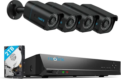 Sistema de cámaras de seguridad REOLINK 4K, 4 piezas de cámaras de seguridad PoE H.265 con cable y detección de personas y vehículos, NVR de 8 Negro