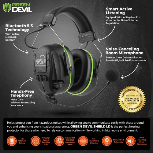 Miniatura 2 de GREEN DEVIL Auriculares Electrónicos Bluetooth de Protección Auditiva con Micrófonos de Brazo Articulado, Orejeras con Cancelación de Ruido de 27dB