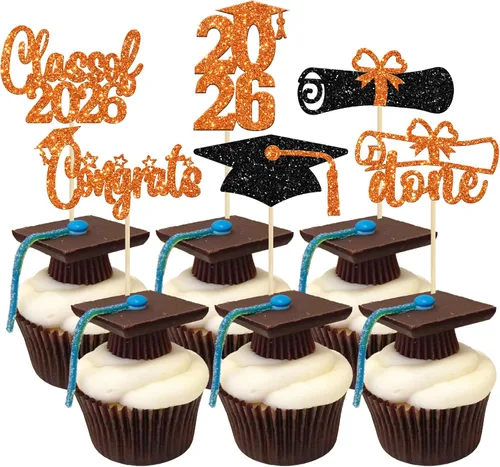 Miniatura 13 de Paquete de 24 adornos para cupcakes de clase 2026 con purpurina 2026 Felicidades Graduación Diploma Done Cupcake Picks 2026 Graduación Temática
