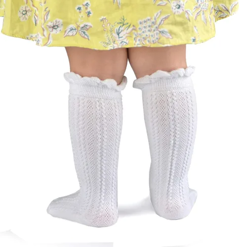 Miniatura 4 de Epeius - Calcetines altos de algodón para bebés y niñas de uniforme calcetas con vuelos Paquete de 3 o 5