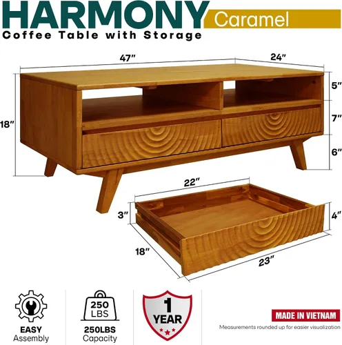 Miniatura 2 de Acacia Harmony - Mesa de centro de madera maciza de goma con cajones y almacenamiento abierto, 47.2 pulgadas de largo, mesas de centro perfectas