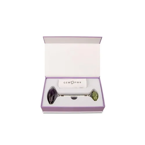 Miniatura 6 de Amatista + rodillo de jade para masaje facial y cuello, piedras preciosas dobles con mango de acero duradero y bolsa de viaje. Minimiza las arrugas