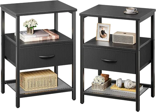Miniatura 17 de Huuger Mesita de noche con cajón de tela, mesa auxiliar con estante de malla, mesita de noche para dormitorio, cómoda de cajones de tela, estante